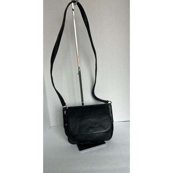PERLINA NEW YORK BLACK LEATHER CROSSBODY FLAP FRONT PURSE - Picture 1 of 15
